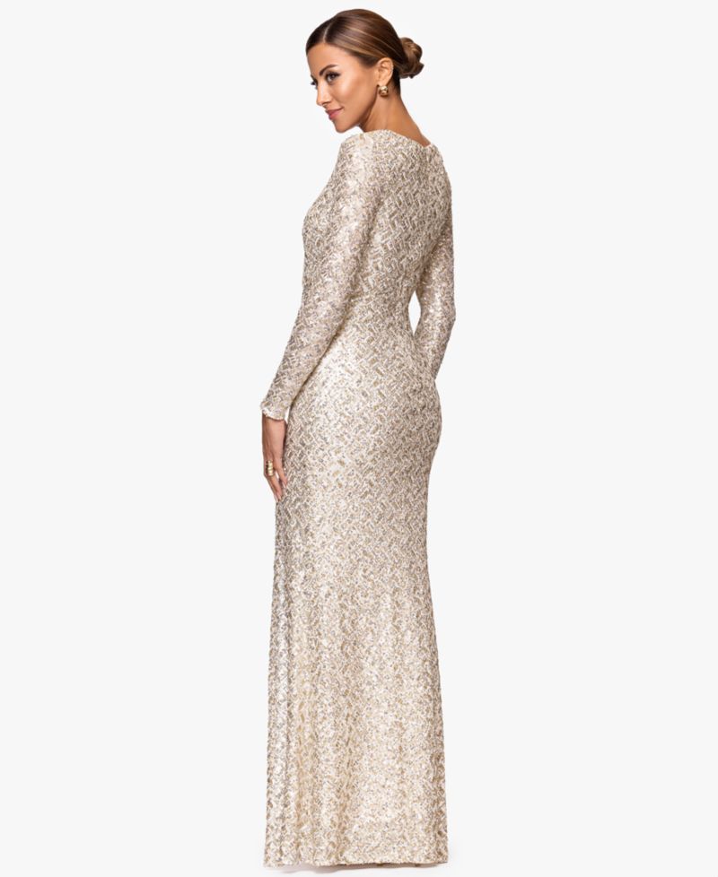 Petite Allover-Sequin Boat-Neck Long-Sleeve Dress