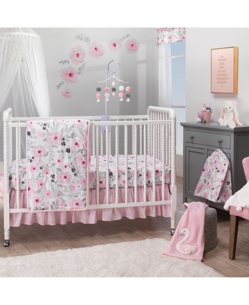 Blossom Pink/Gray Pom Pom Musical Baby Crib Mobile Soother Toy
