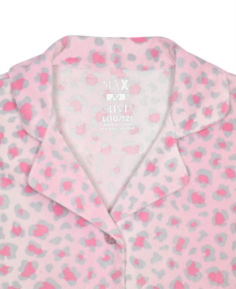 Girls' 5-16 Velour Print Long-Sleeve Ruffle-Trim Pajama and Scrunchie, 3-Piece Set