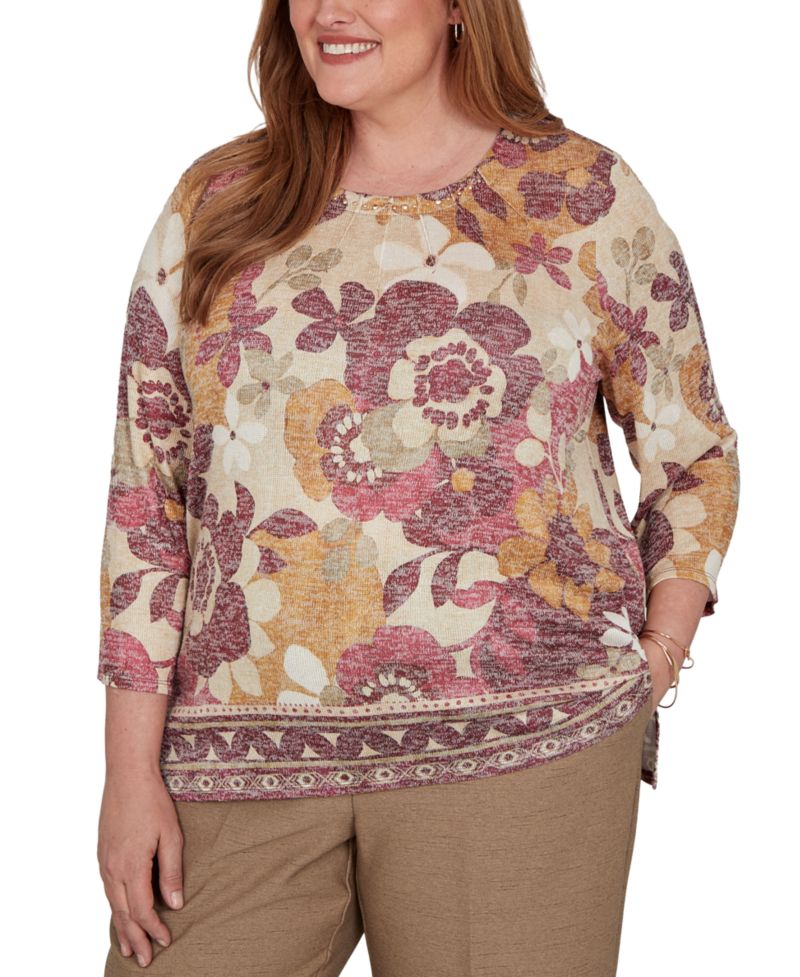 Plus Size Floral-Print Geometric-Border 3/4-Sleeve Top