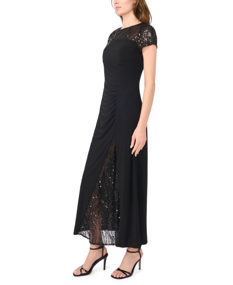 Women's Slit Illusion Sequin-Lace Ruched Maxi Dress