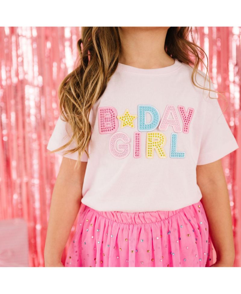 Little Girls Birthday Girl Rhinestone Patch Short Sleeve T-Shirt