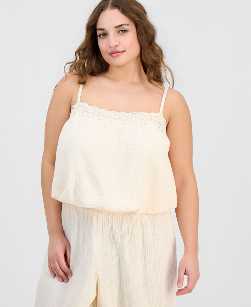 Plus Cotton Crochet-Trim Bubble-Hem Top