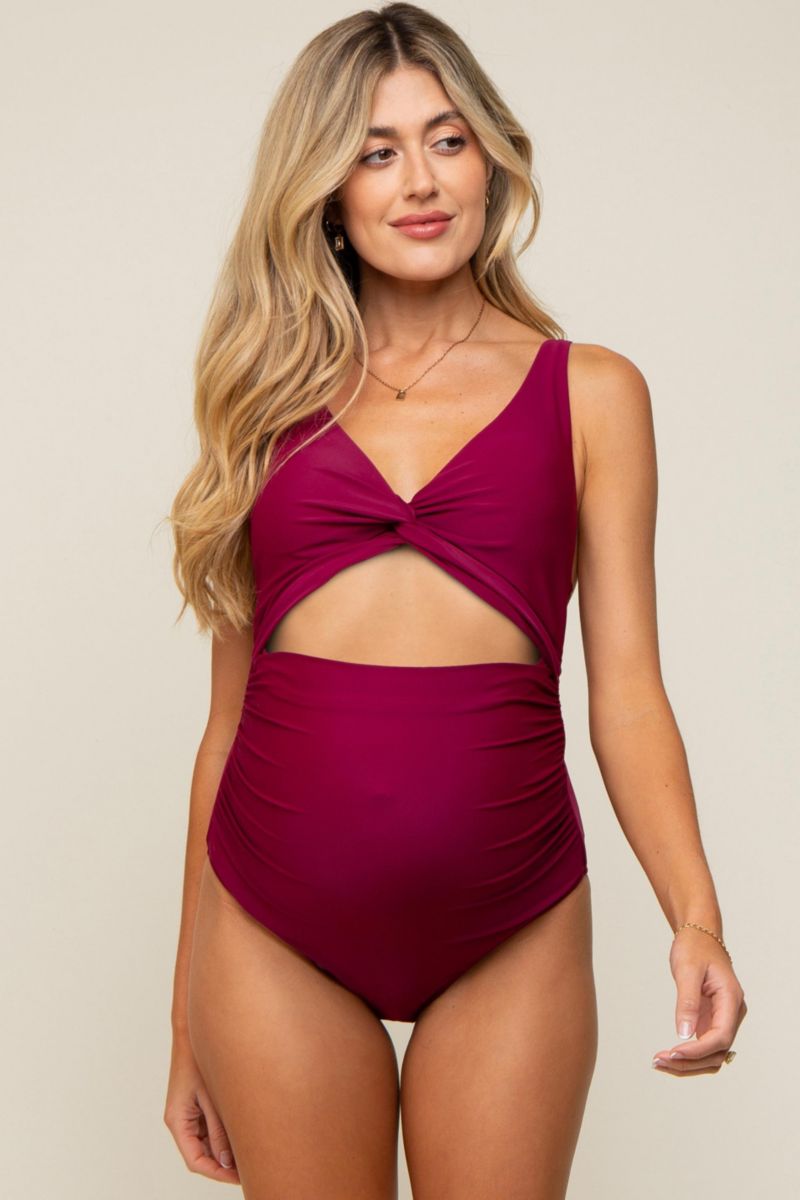 Women's Olive Ruched Sides Front Cutout One Piece Swimsuit