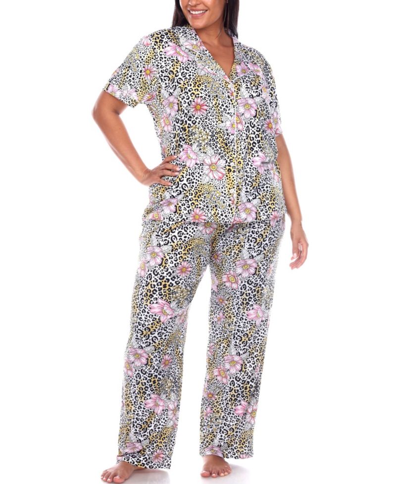 Plus Size Short Sleeve Pants Tropical Pajama Set, 2-Piece