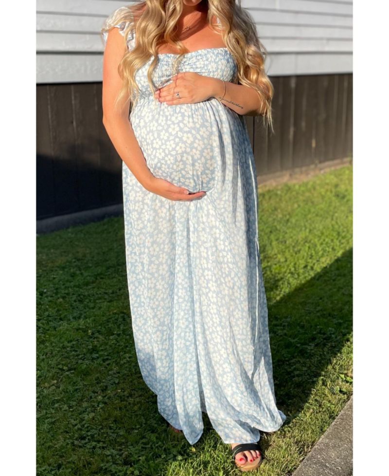 Women's Light Blue Floral Chiffon Sweetheart Neck Off Shoulder Maxi Dress