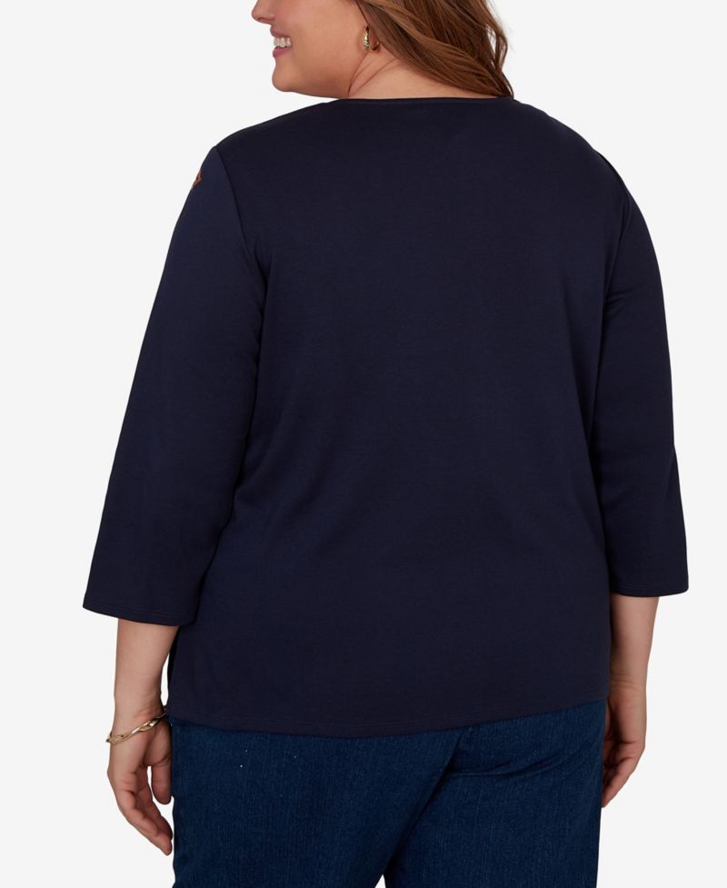 Plus Size Autumn Embroidered Navy Knit Top