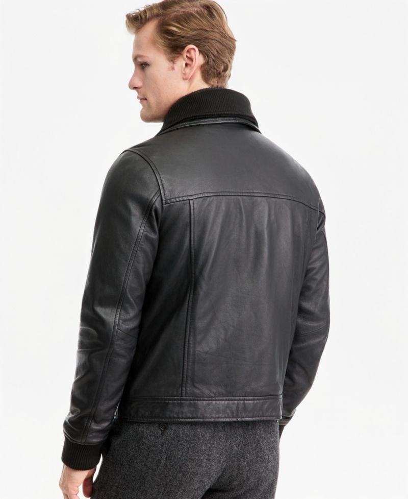Men's Genuine Leather Bomber Jacket with Sweater Bib Insert
