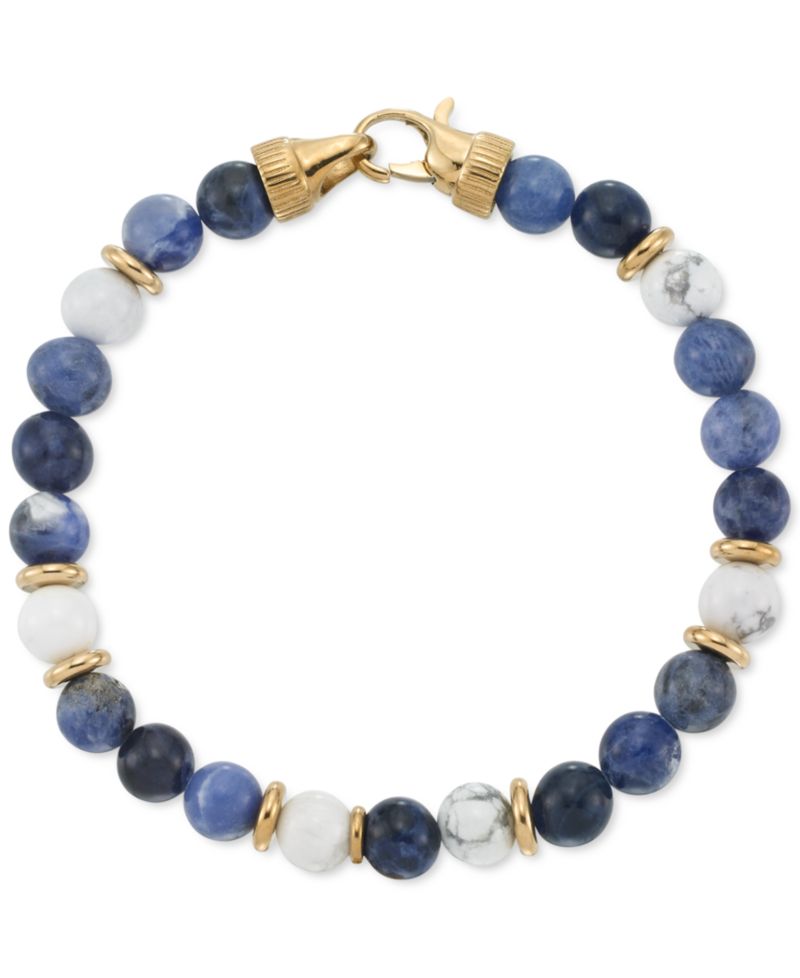 Lapis Lazuli & White Agate Bead Stretch Bracelet in Gold-Tone Ion-Plated Stainless Steel