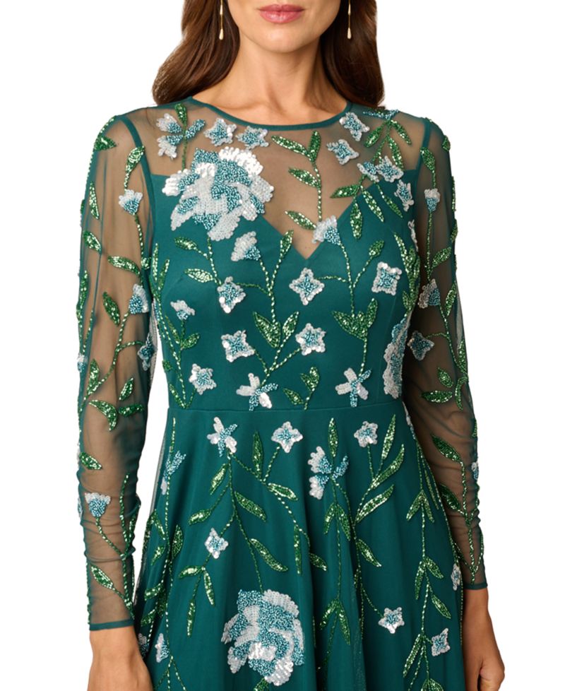 Women's Beaded-Sequin Floral-Print Long-Sleeve Midi Dress
