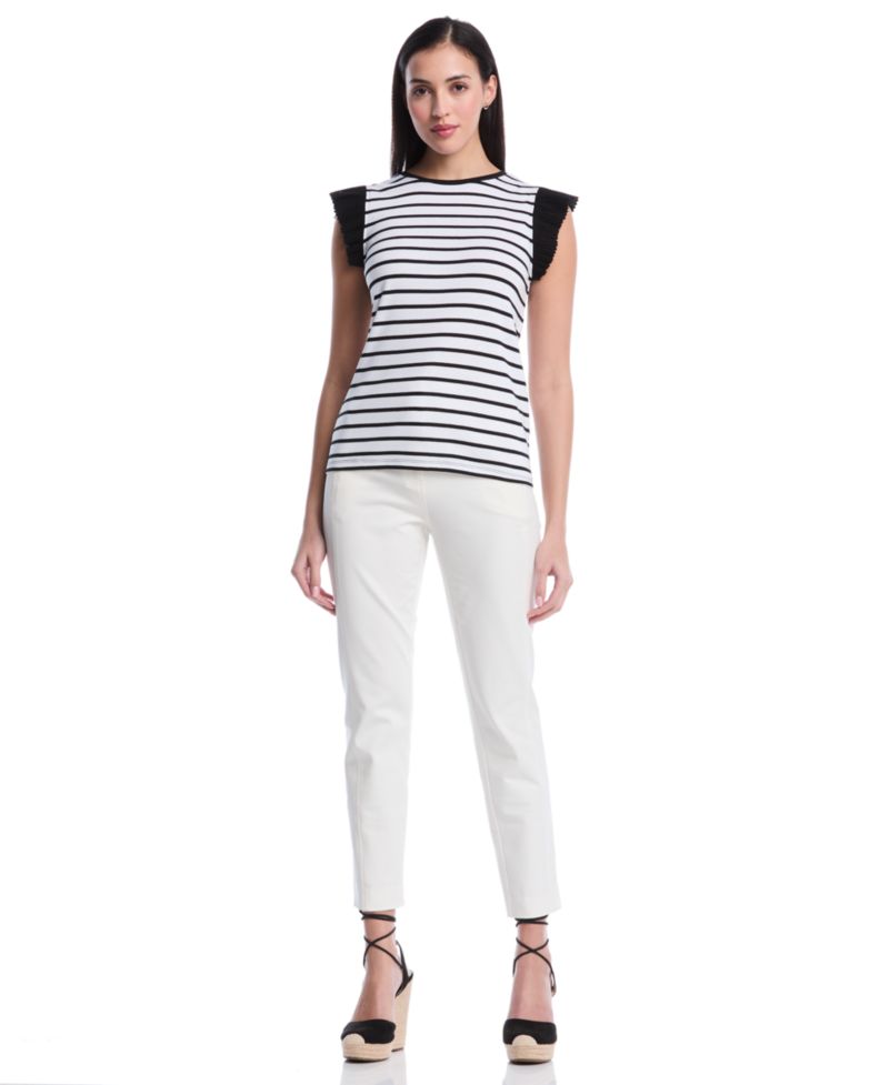 Petite Striped Ruffle Cap-Sleeve Top