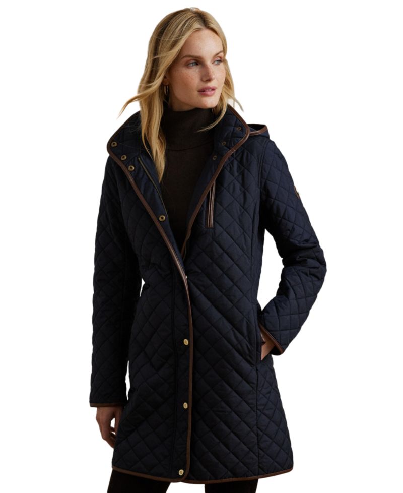Petite Hooded Quilted Faux-Suede-Trim Coat