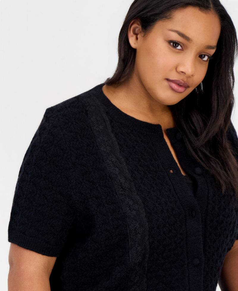 Petite Pointelle Lace-Hem Short-Sleeve Cardigan