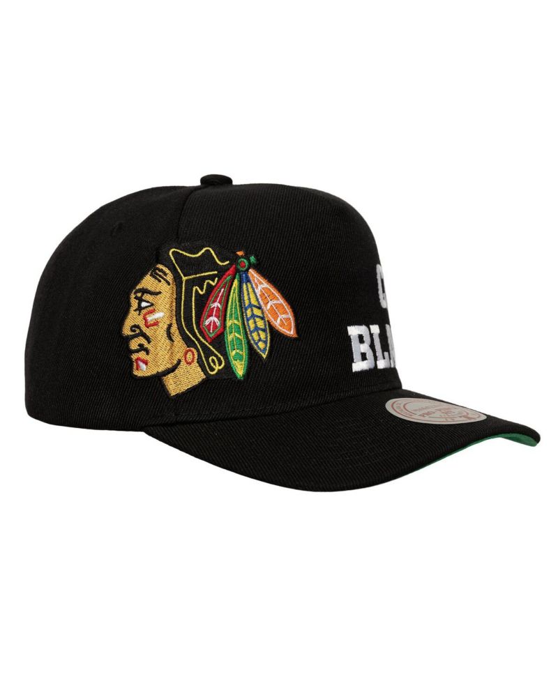 Men's Black Chicago Blackhawks Busted Logo Wordmark Wrap Around Pro Pinch Adjustable Hat
