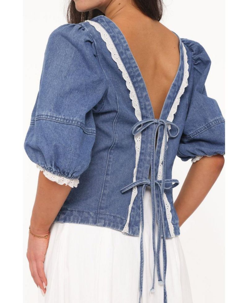 Women's Merli Denim Open-Back Puff-Sleeve Top
