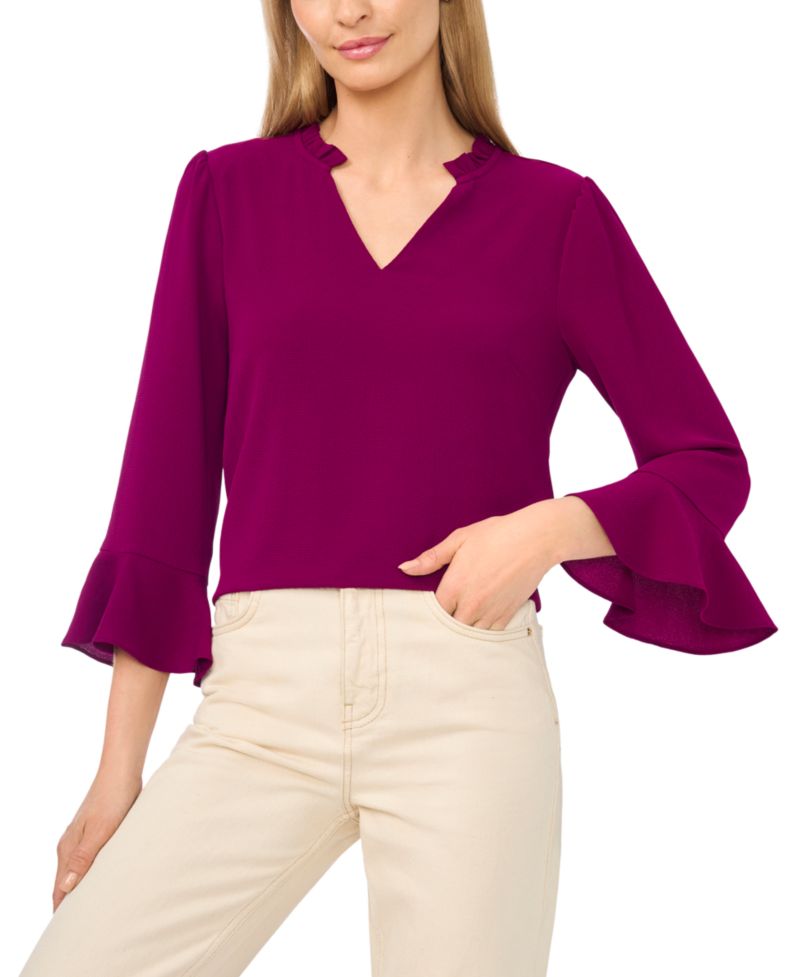 Women's 3/4 Sleeve Ruffle-Sleeve V-Neck Blouse