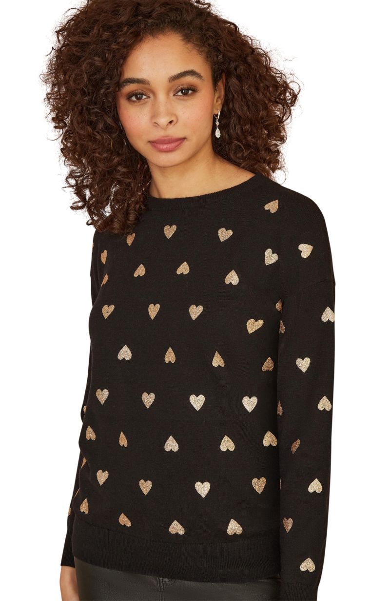 Women's Foil Heart Print Relaxed Fit Sweater