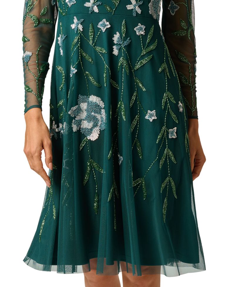 Women's Beaded-Sequin Floral-Print Long-Sleeve Midi Dress