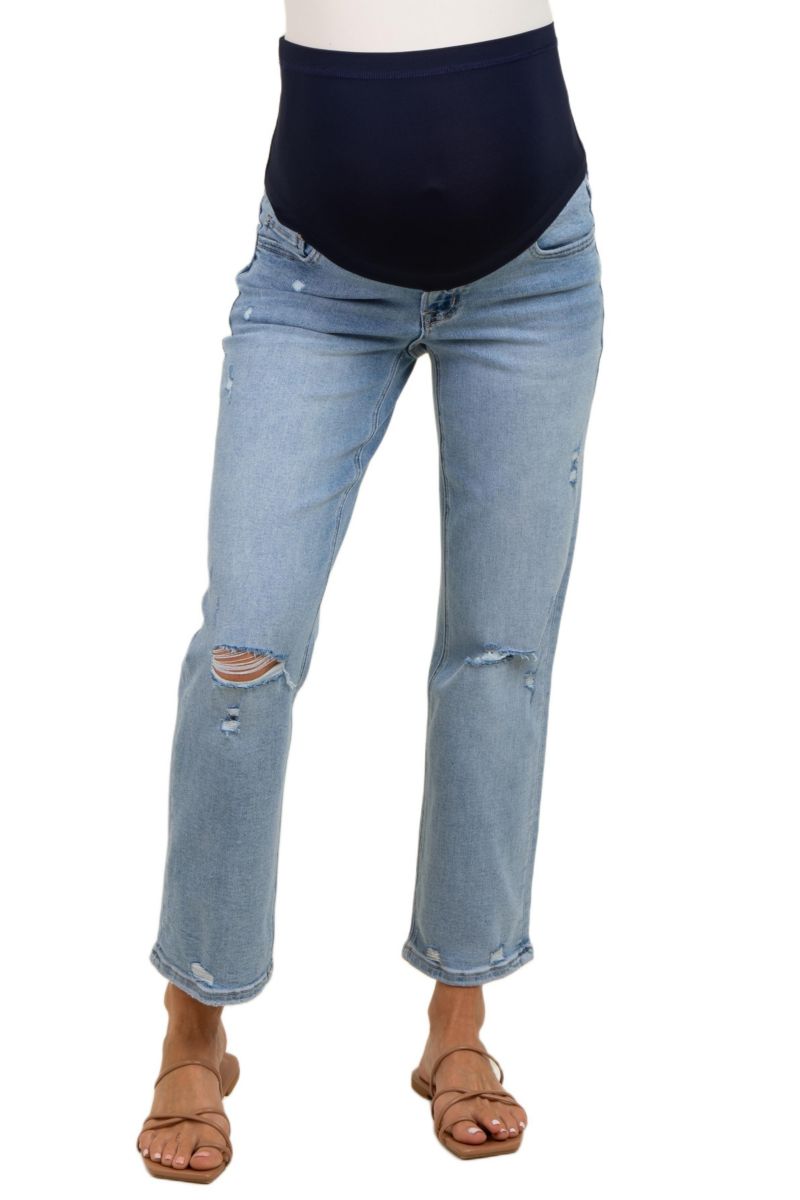 Women's Light Blue Distressed Open Knee Ankle Straight Leg Jeans