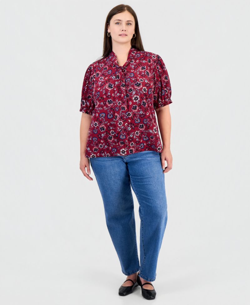 Plus Size Tie Neck Printed Puff Short-Sleeve Top