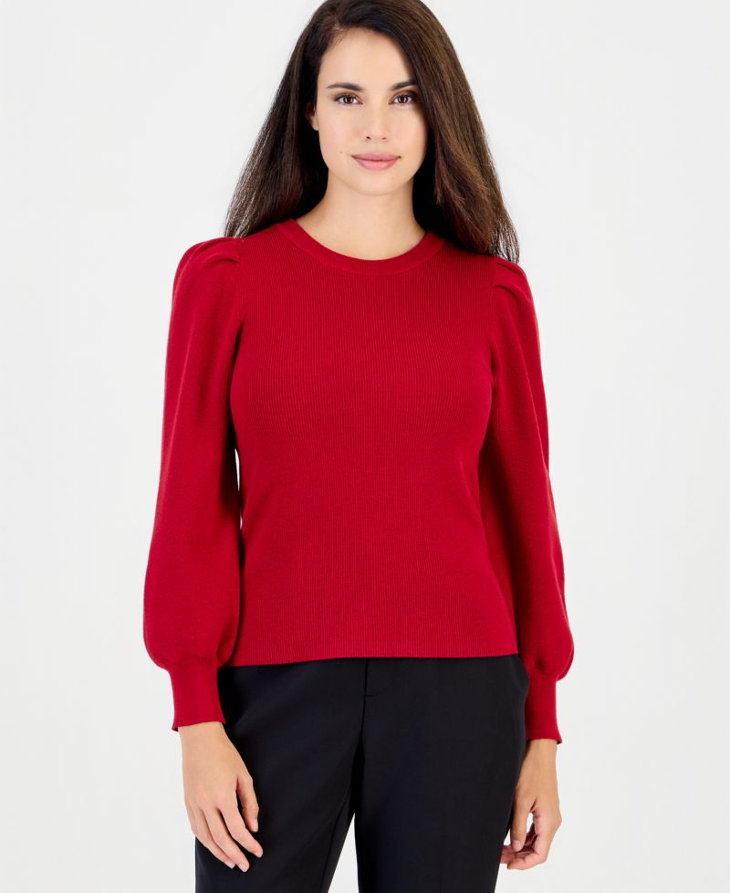 Women's Petite Puff-Sleeve Crewneck Sweater