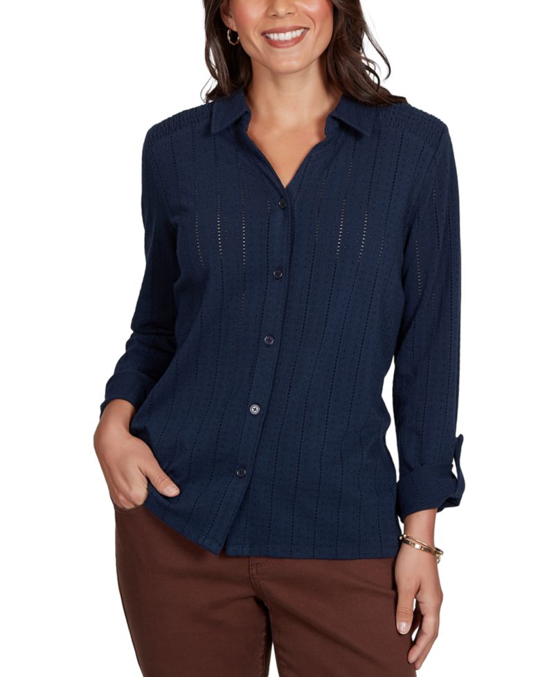 Petite Striped 3/4-Sleeve Henley Collar Blouse