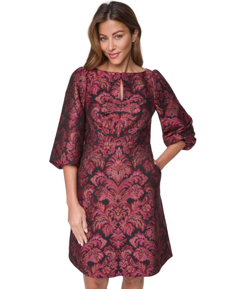 Women's Boat Neck A-Line Ruched Keyhole Bodice Dress