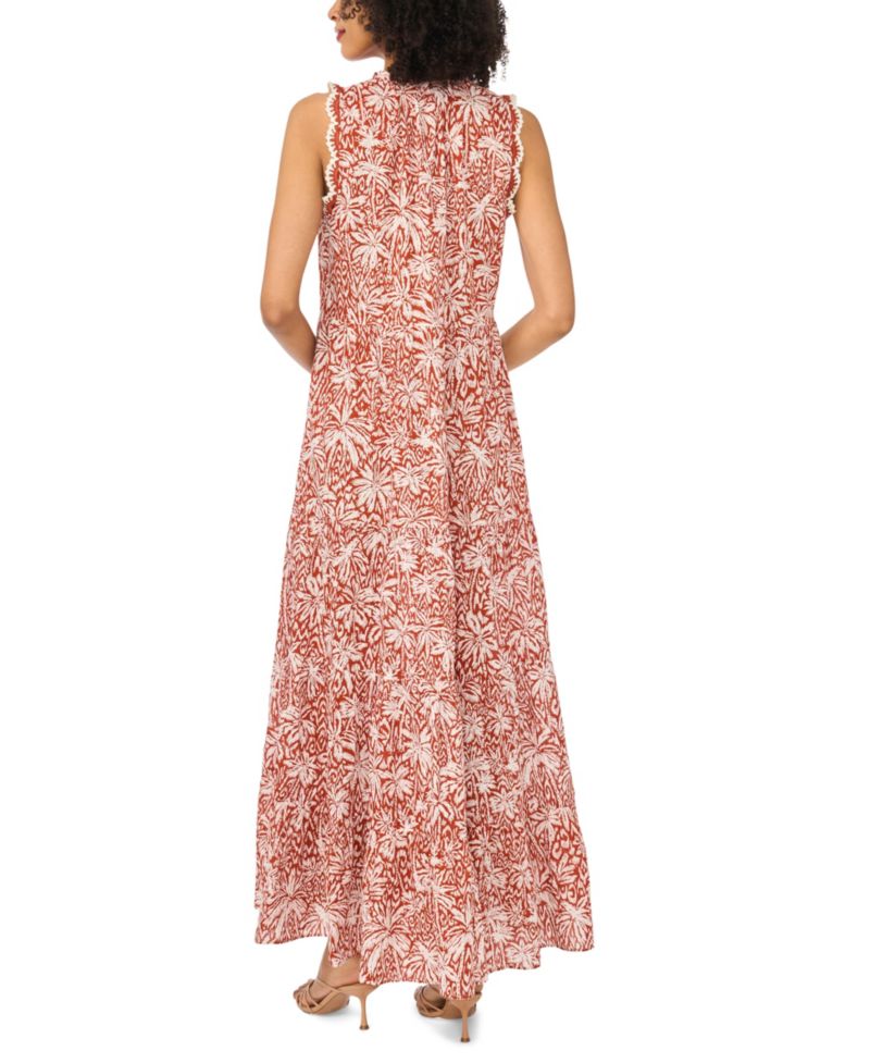 Women's Printed Sleeveless-Crocheted-Trim Maxi Dress
