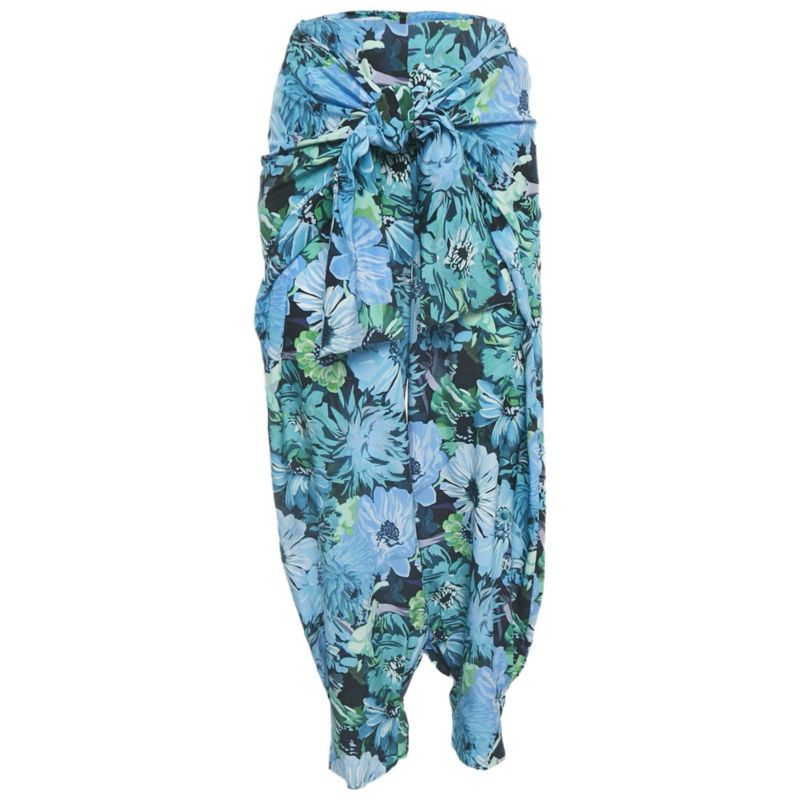 Women's Blue Floral Print Silk Tie-Up Trousers
