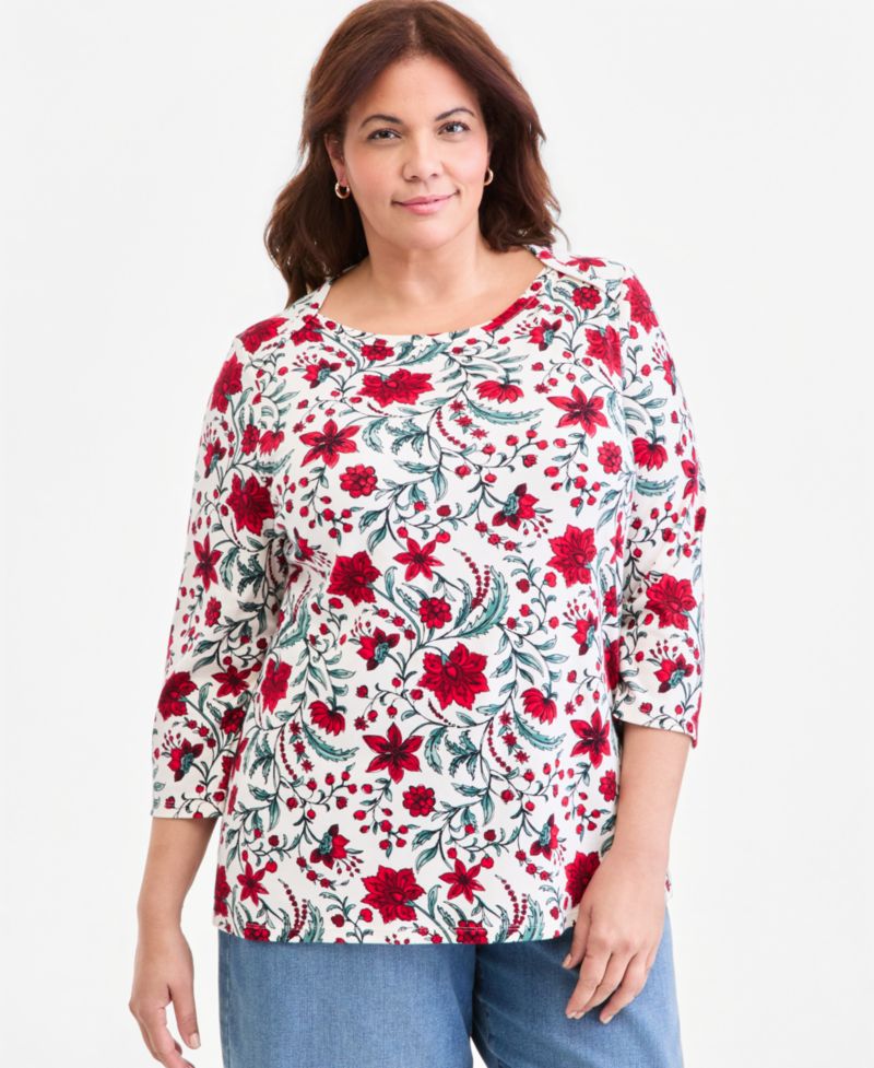 Plus Size Printed 3/4 Sleeve Boat-Neck Top