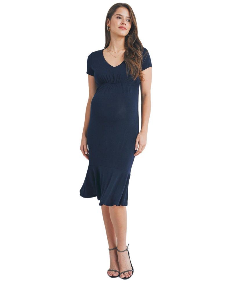 Women's V-Neck Empire Waist Short Sleeve Midi Dress with Ruffle Hem
