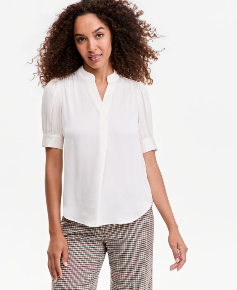 Petite Short Puff-Sleeve Y-Neck Blouse