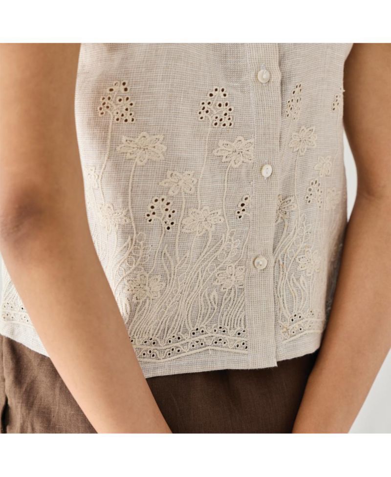 Women's Checkered Linen Embroidered Button-Back Top