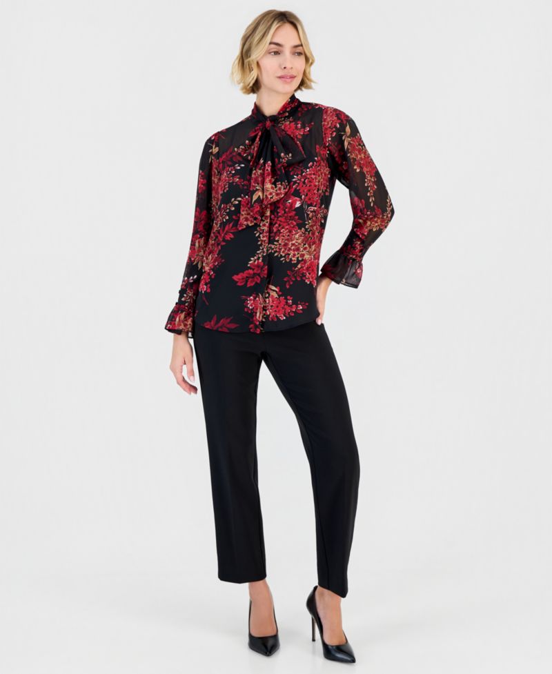 Women's Long-Sleeve Bow-Front Floral-Print Blouse
