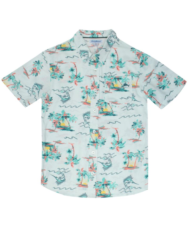 Big Boys Button Down Short Sleeve Hawaiian Elastic Woven Shirt and Short Set
