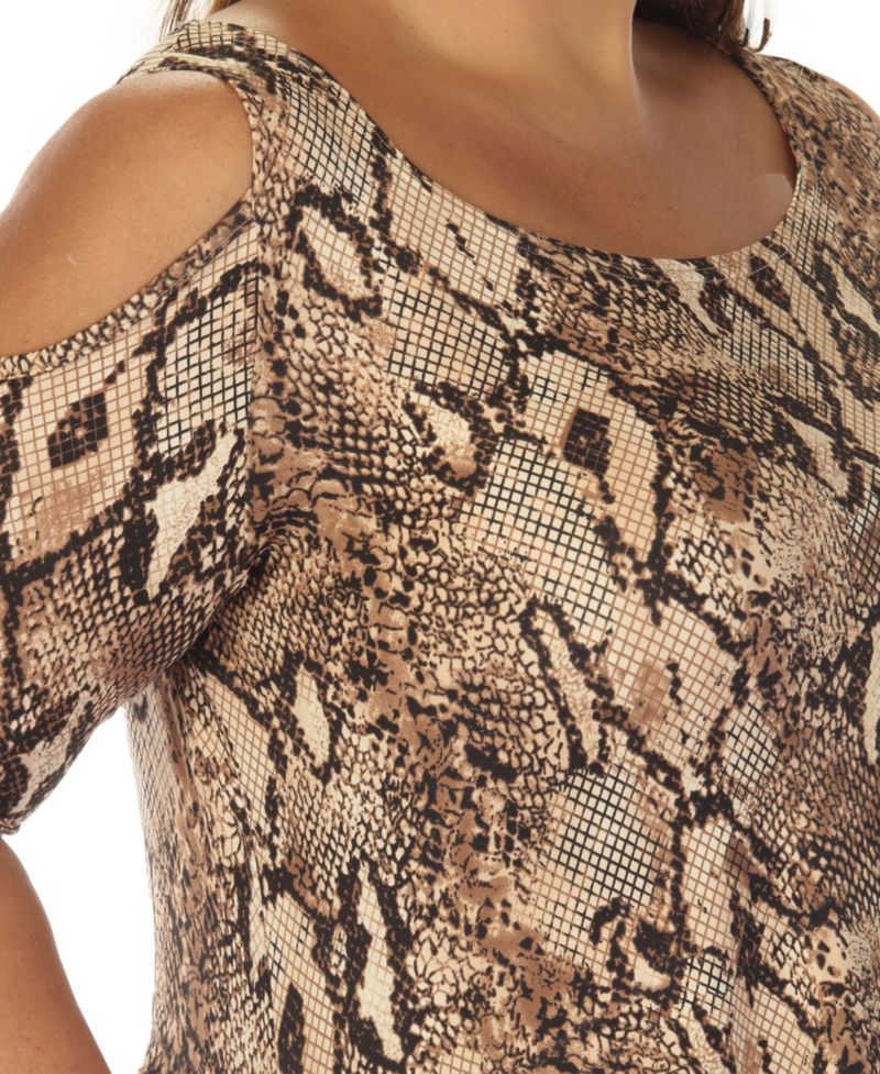 Plus Size Cold Shoulder Snake Print Swing Top