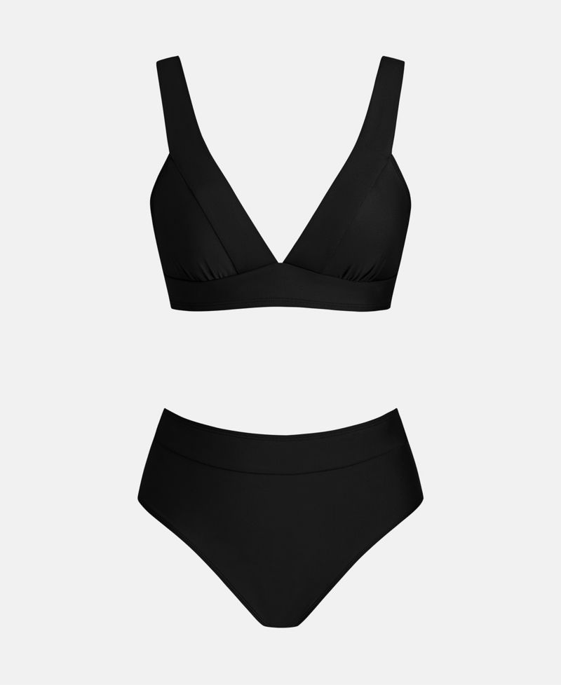 Women's V-Neck High-Waist Bikini Set with Wide Waistband