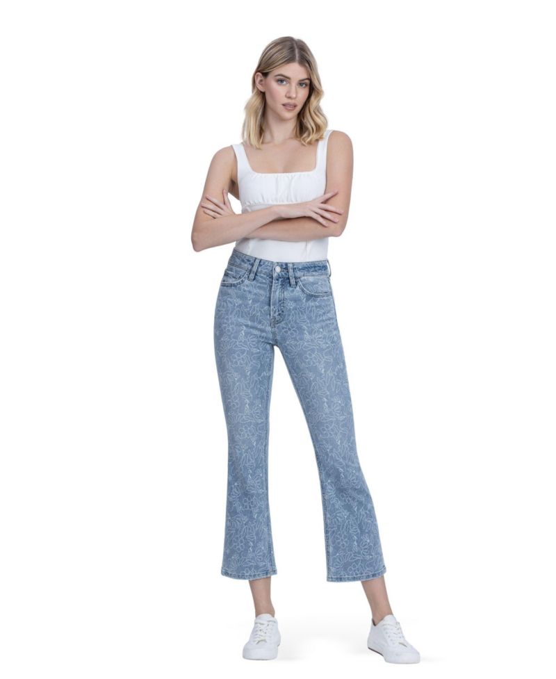 Women's High Rise Floral Print Crop Easy Flare Jeans