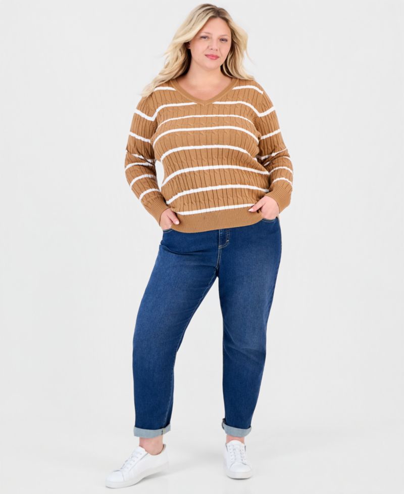 Plus Size Striped Cable-Knit V-Neck Sweater