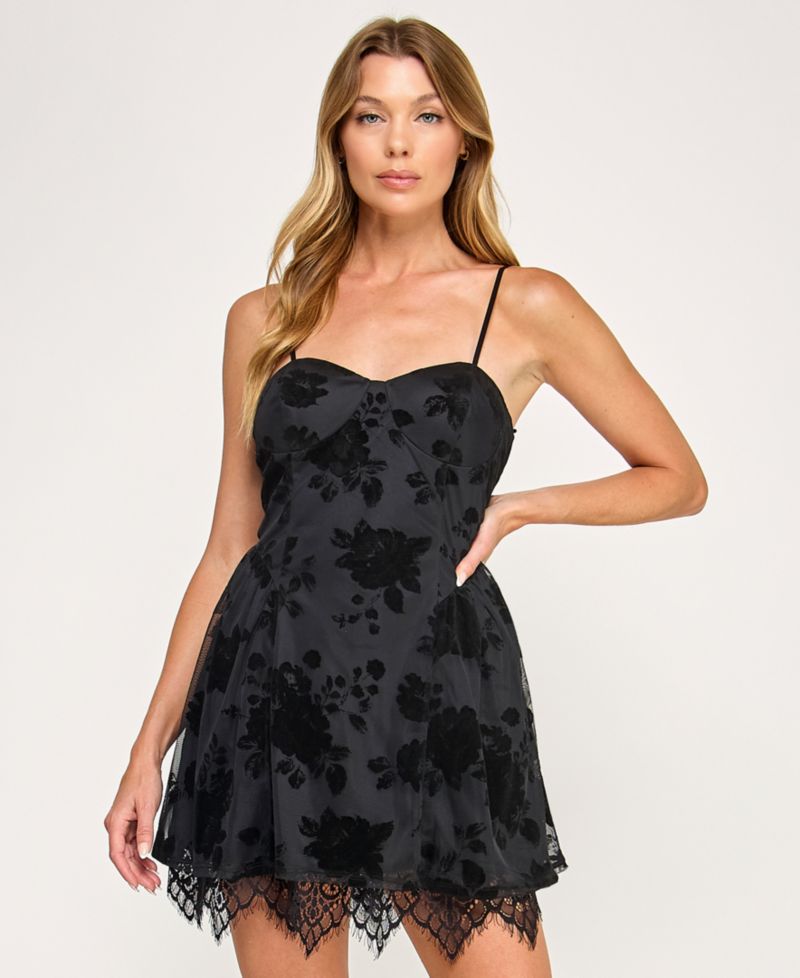 Juniors' Flocked Sweetheart Neckline Mini Dress with Lace Hem