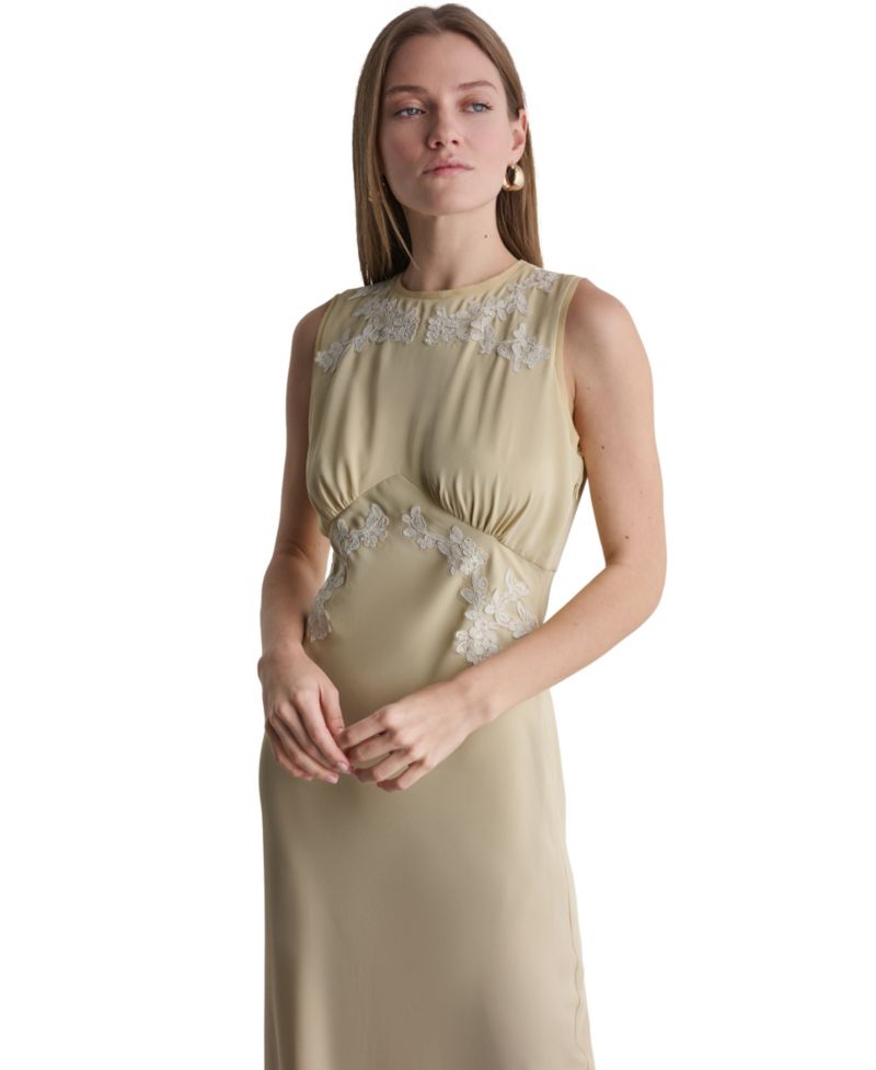 Women's Lace-Trim Empire-Waist Crewneck Sleeveless Maxi Dress