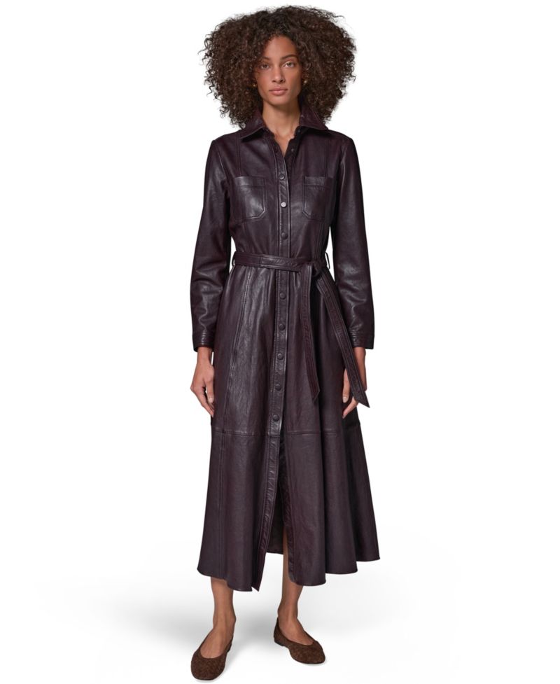 Women's Long-Sleeve A-Line Collared Leather Shirt Dress