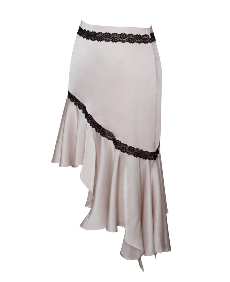 Women's Yahvi Beige Lace Trim Satin Skirt