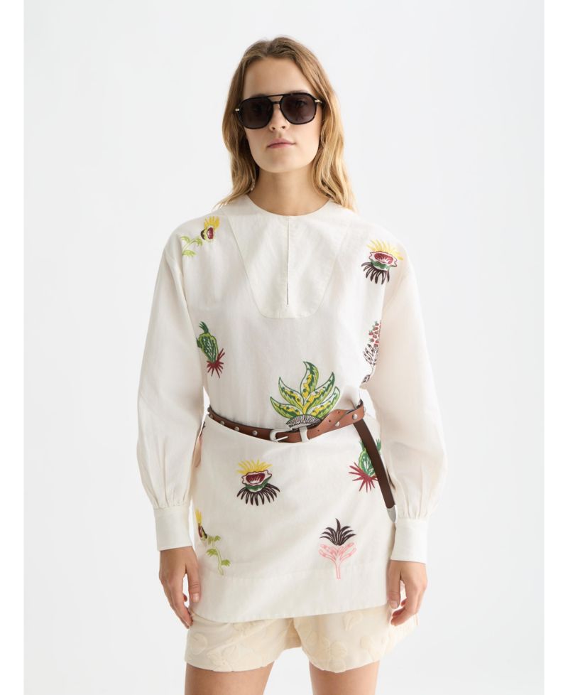 Women's Embroidered Long Sleeve Cotton and Linen Shift Dress