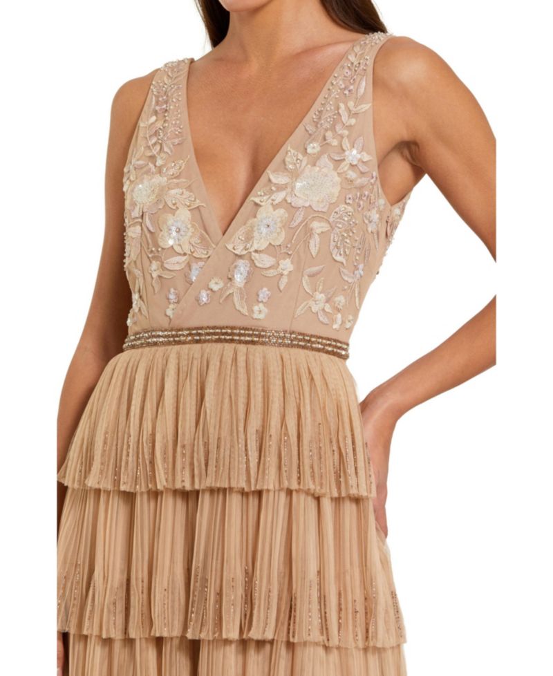 Women's Beaded Mesh V Neck Gown With Tiered Ruffles