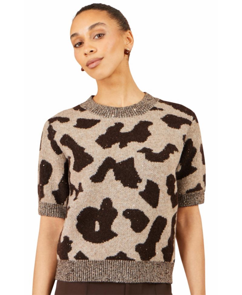 Women's Leopard Intarsia Short-Sleeve Sweater