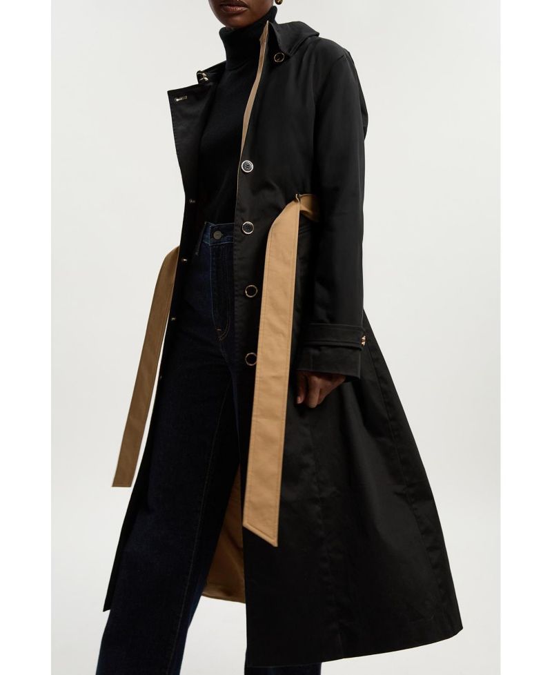 Women's Color Block Belted Tailored Trench Coat