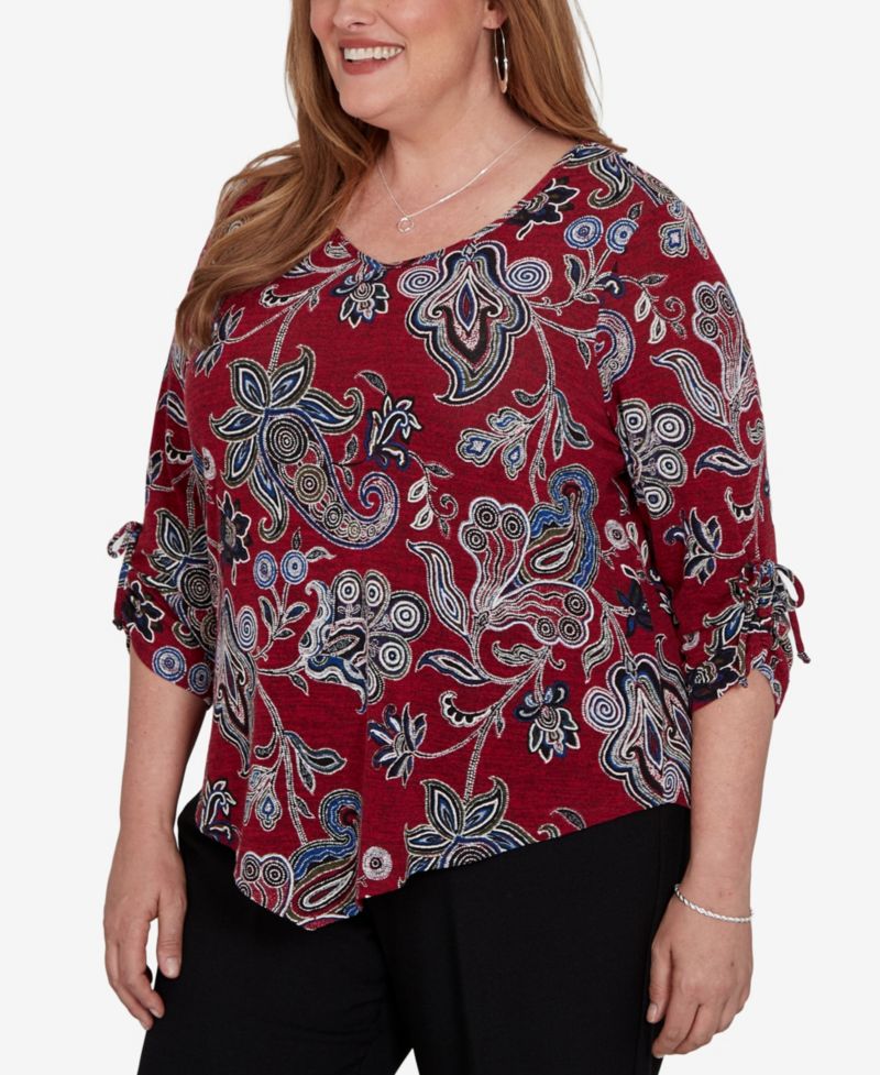 Plus Size V-Neck 3/4-Sleeve Paisley-Print Blouse