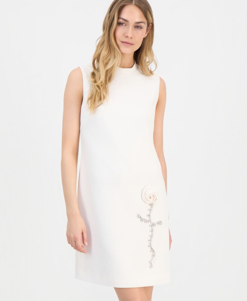 Women's Rose-Detail Mock-Neck Swing Dress