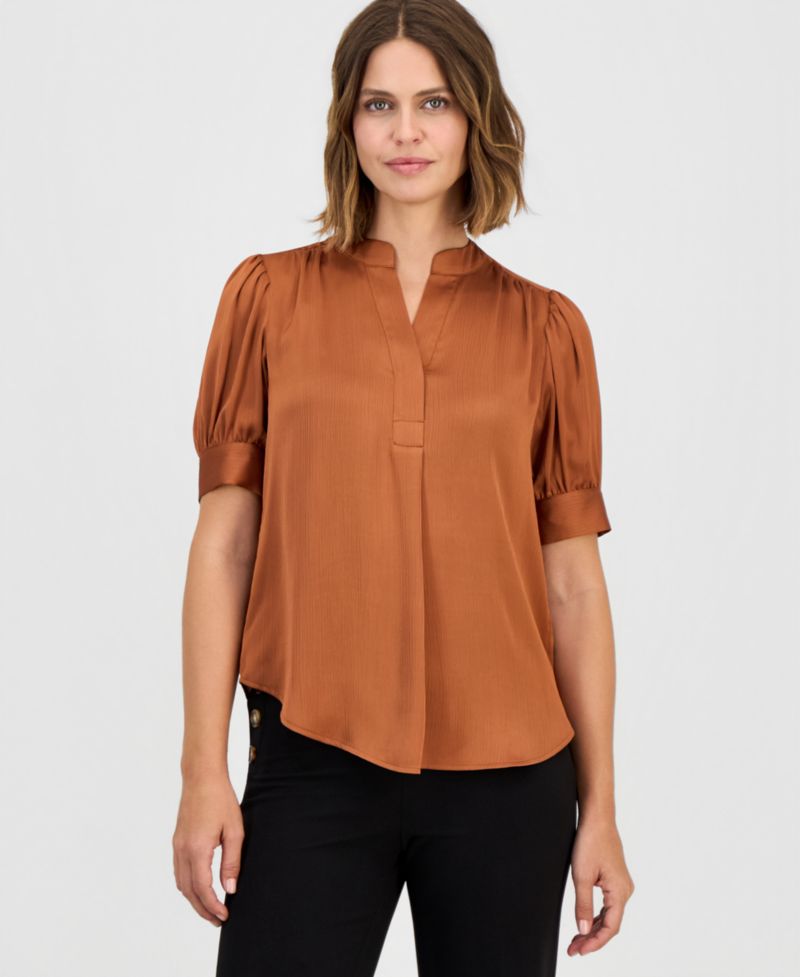 Petite Short Puff-Sleeve Y-Neck Blouse
